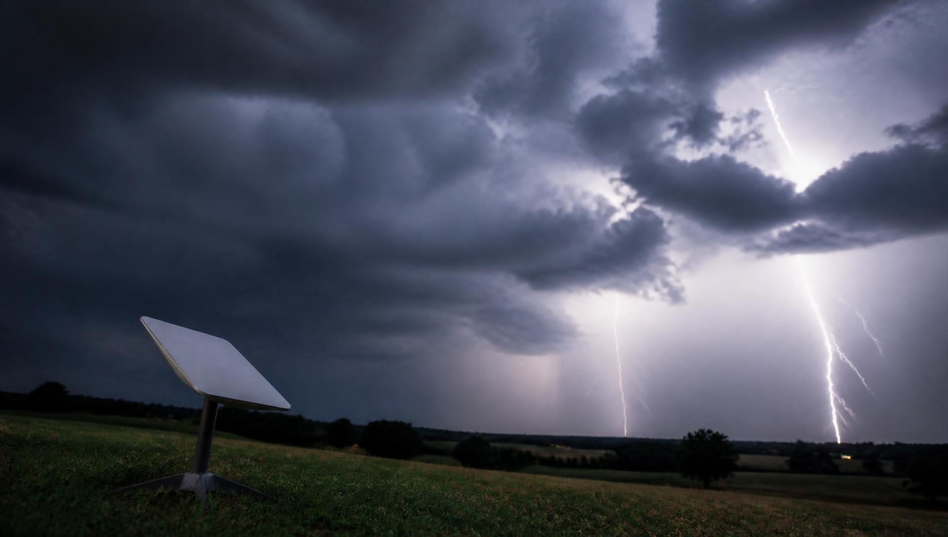 Antena de satélite em um campo durante uma tempestade com raios